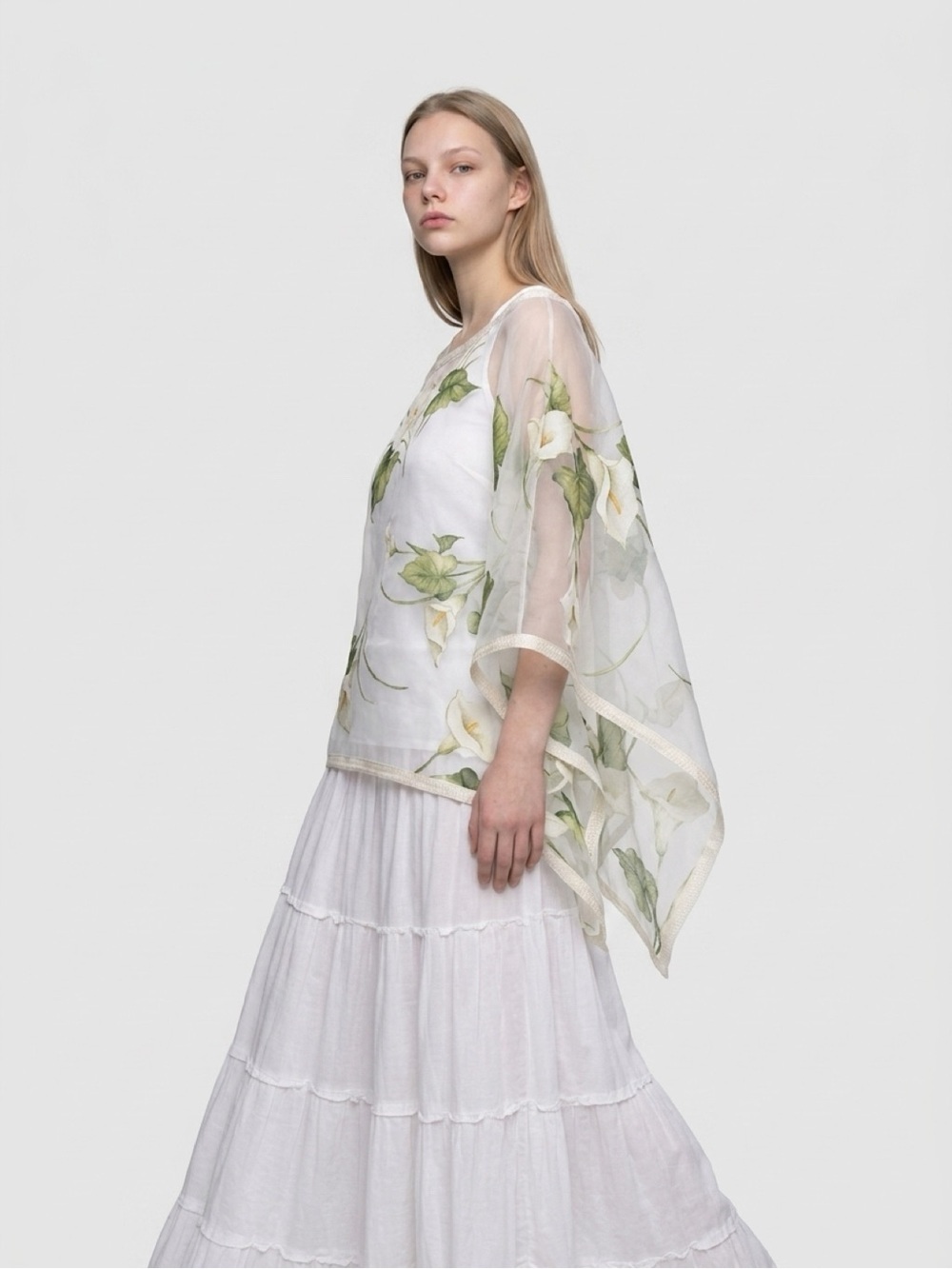 Sheer White Floral Shaw Decorative Overlay Top Calla Lilly Print Bridal Chic
